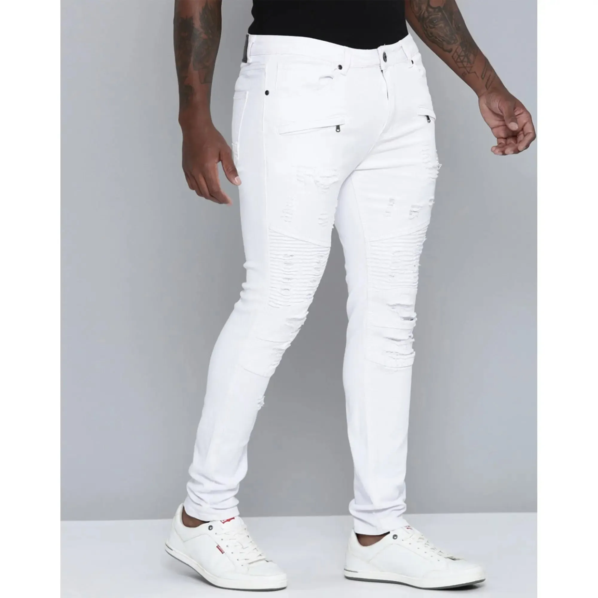 WaiMea Men Biker Skinny Fit Ripped Twill Jeans (White)