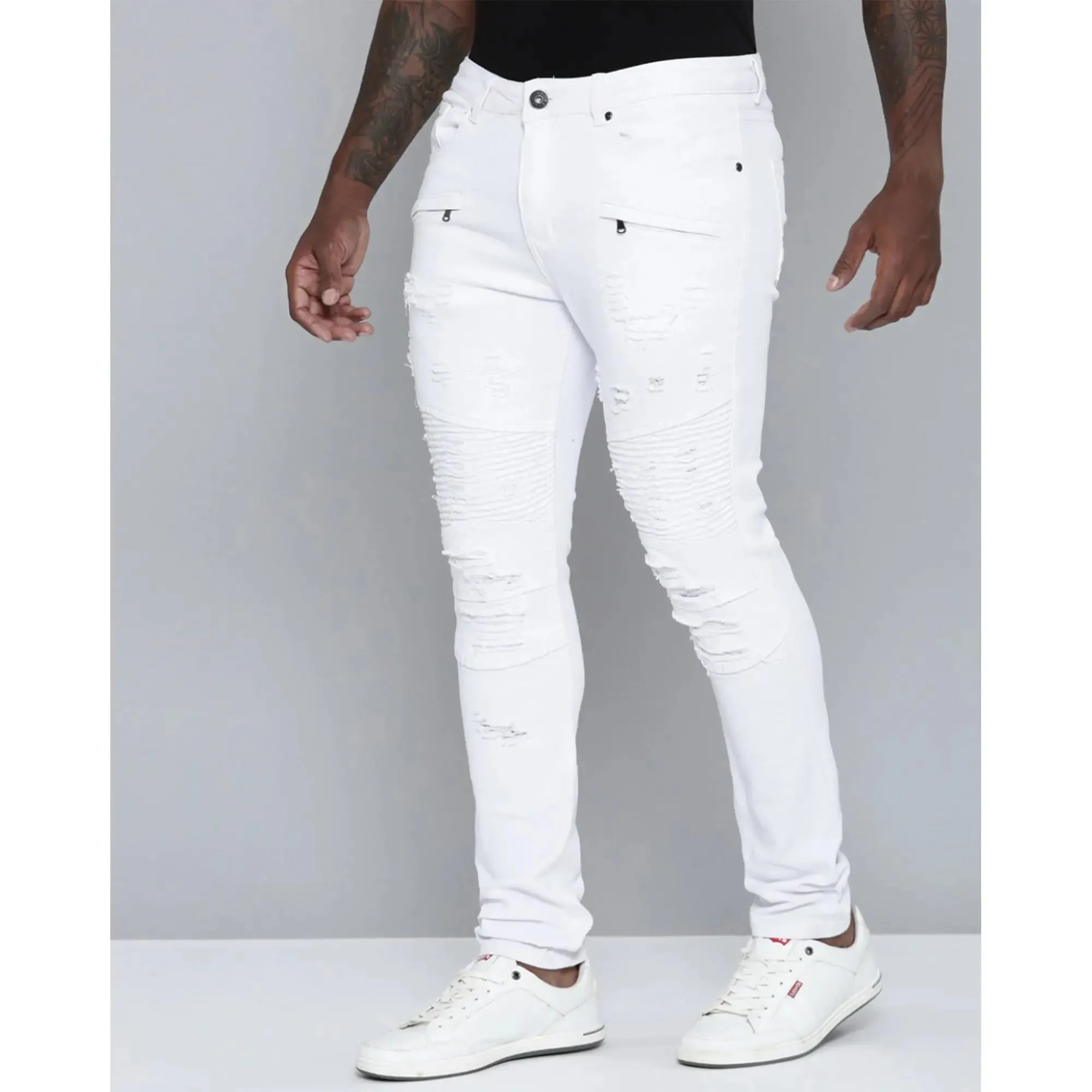 WaiMea Men Biker Skinny Fit Ripped Twill Jeans (White)