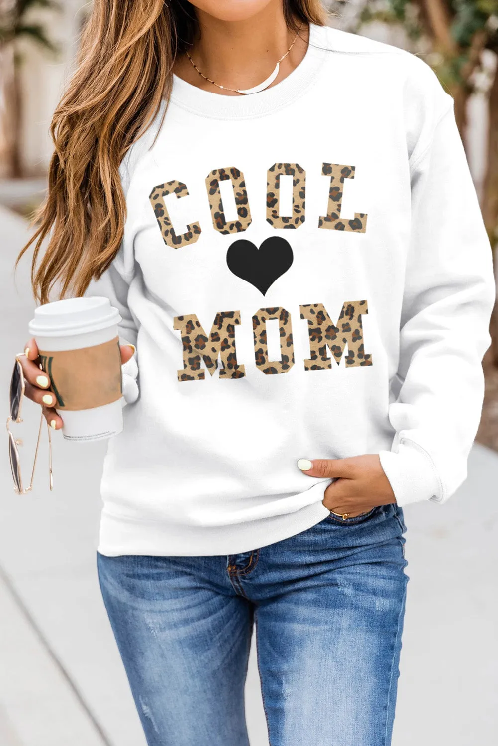 White COOL MOM Leopard Heart Print Pullover Sweatshirt