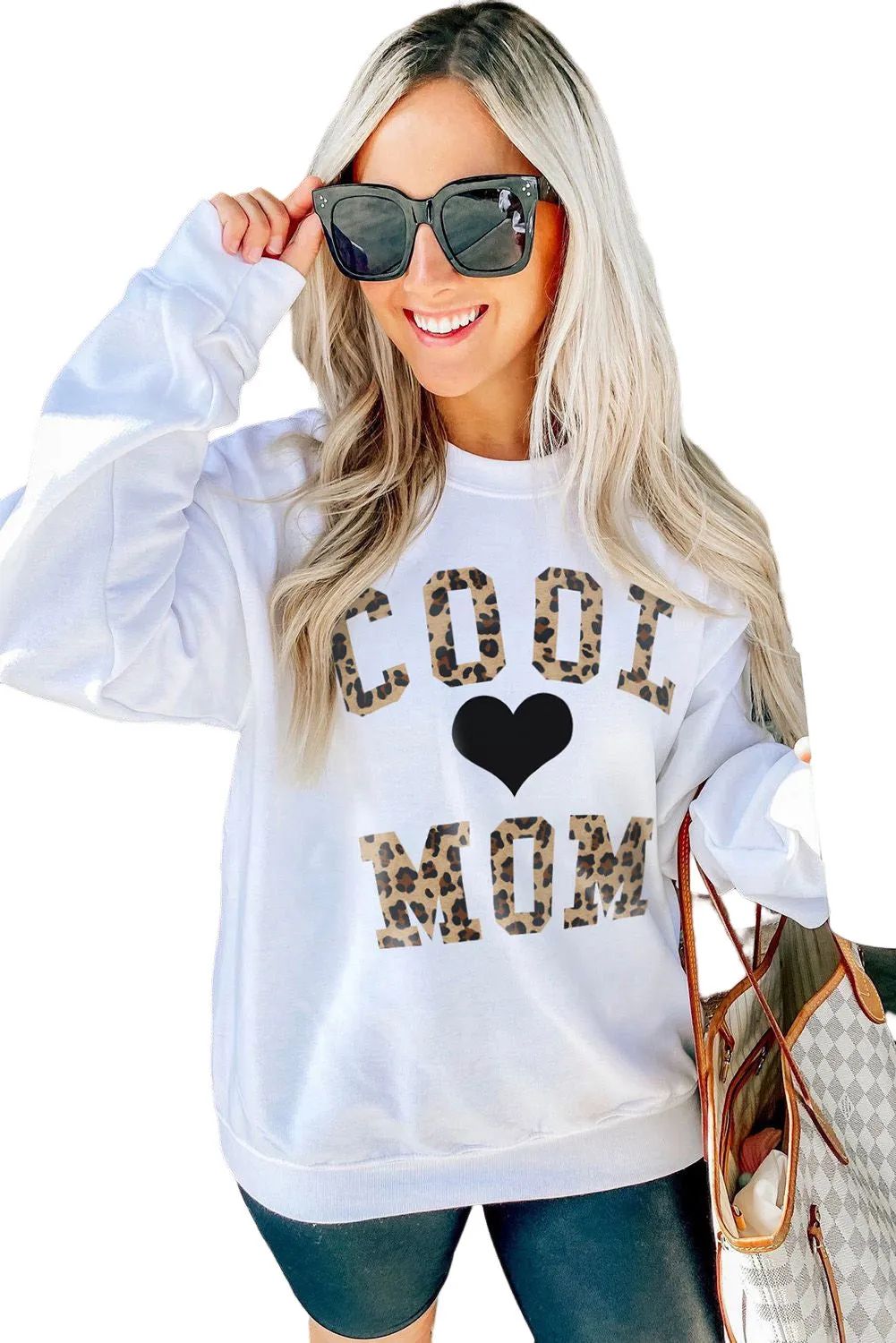 White COOL MOM Leopard Heart Print Pullover Sweatshirt