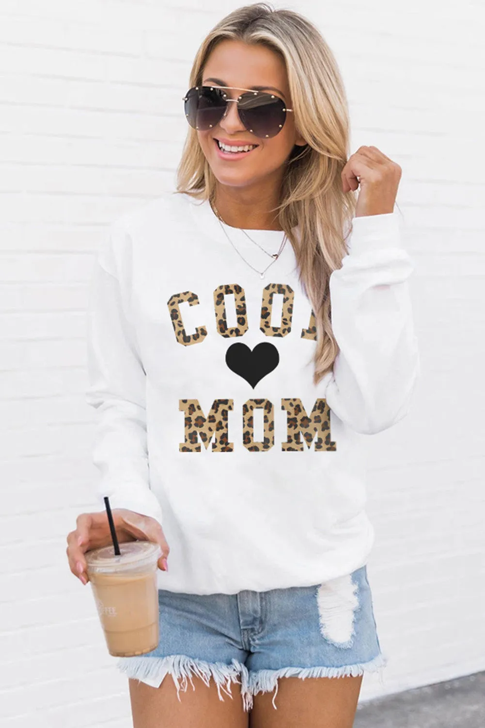 White COOL MOM Leopard Heart Print Pullover Sweatshirt