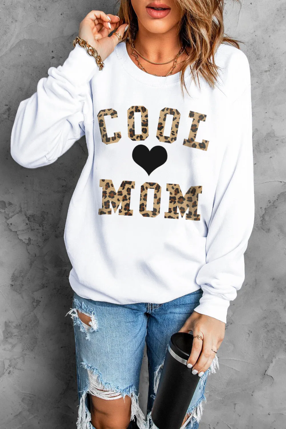 White COOL MOM Leopard Heart Print Pullover Sweatshirt