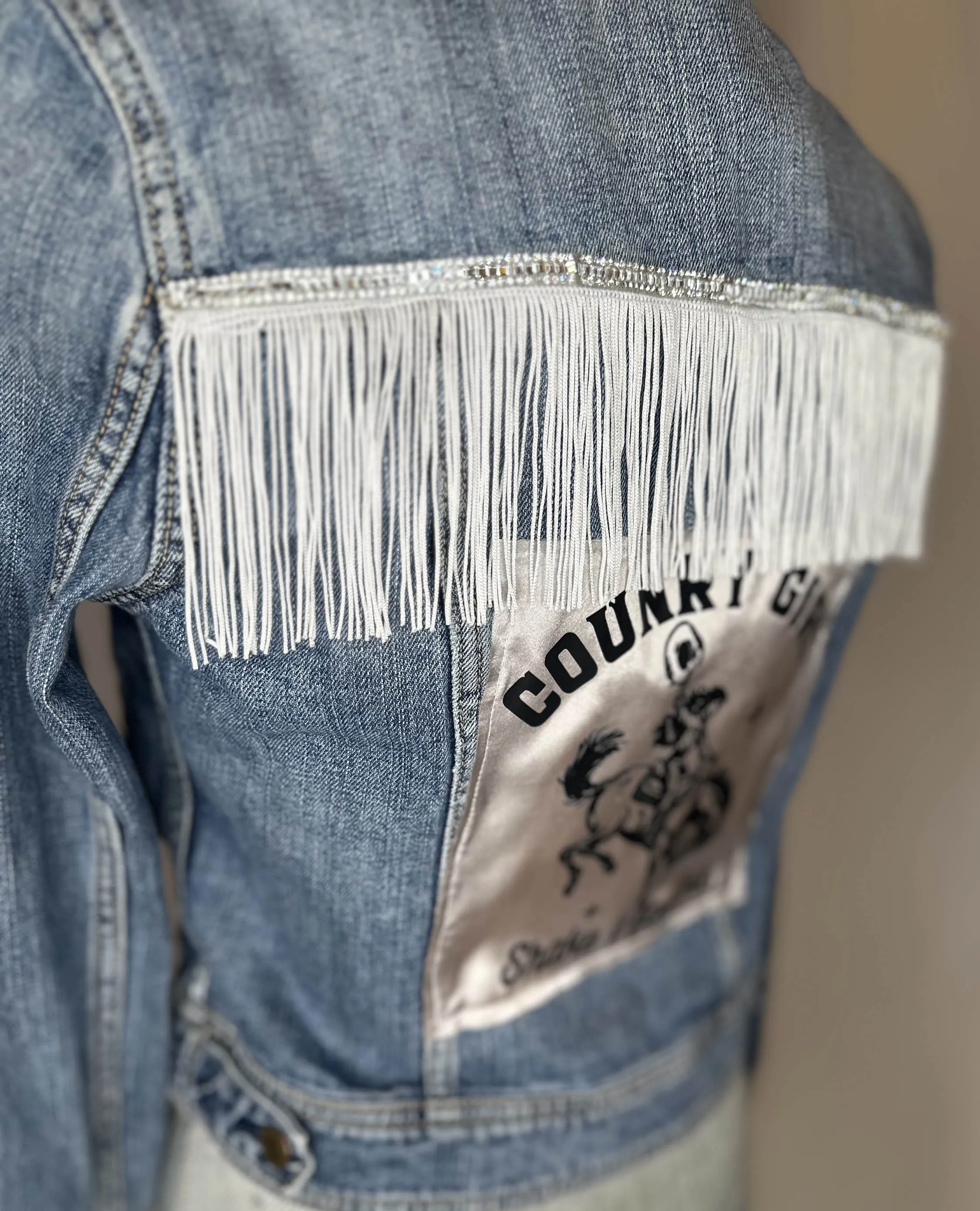 White Fringe "Country girl shake it for me"  Womens Denim Jacket