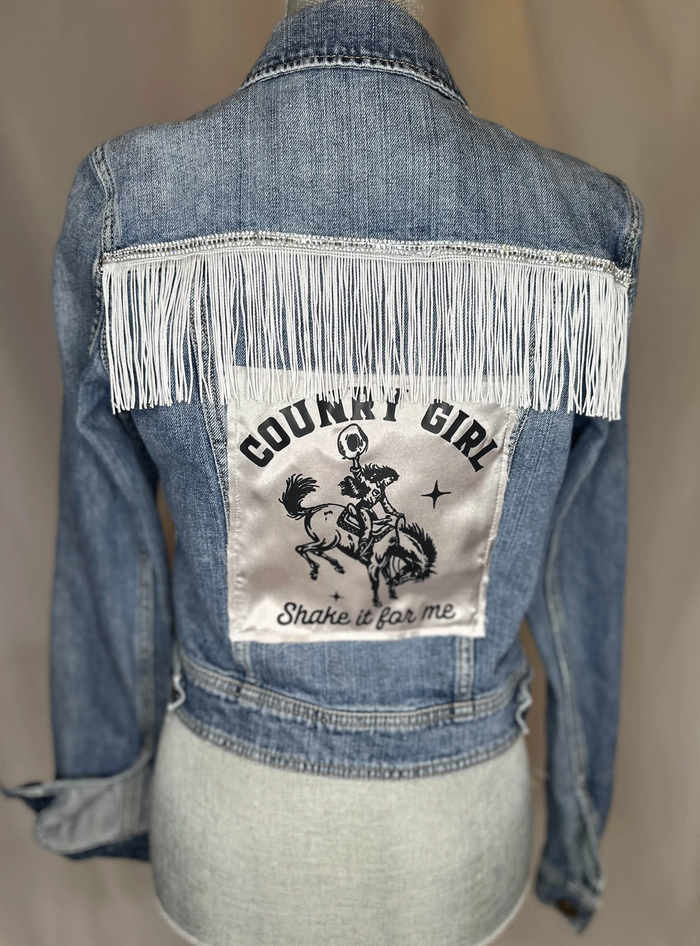 White Fringe "Country girl shake it for me"  Womens Denim Jacket