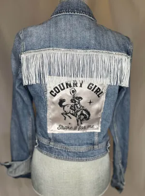 White Fringe "Country girl shake it for me"  Womens Denim Jacket