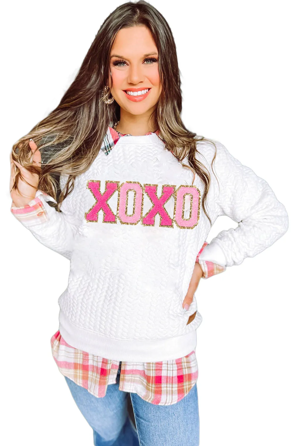 White Glitter XOXO Cable Knit Pullover Sweatshirt