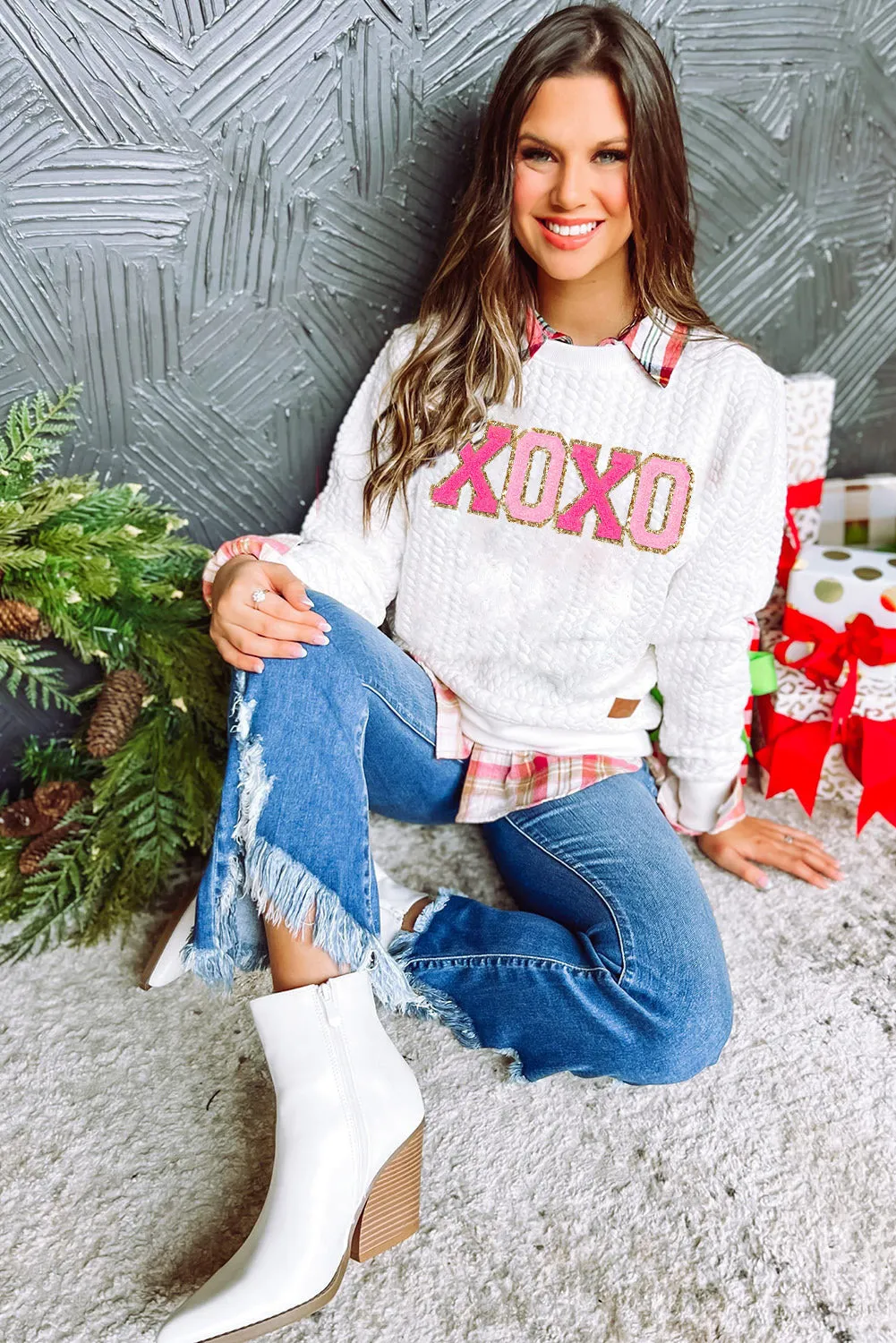 White Glitter XOXO Cable Knit Pullover Sweatshirt