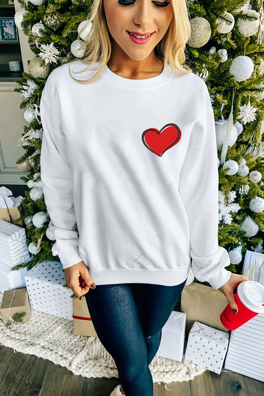 White Heart Shaped Embroidered Pullover Sweatshirt