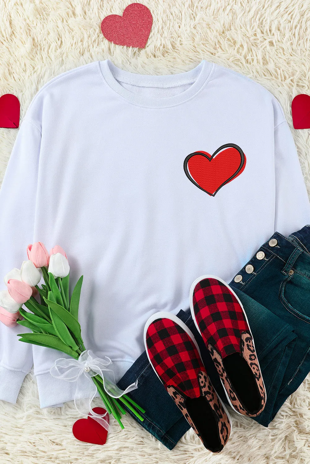 White Heart Shaped Embroidered Pullover Sweatshirt