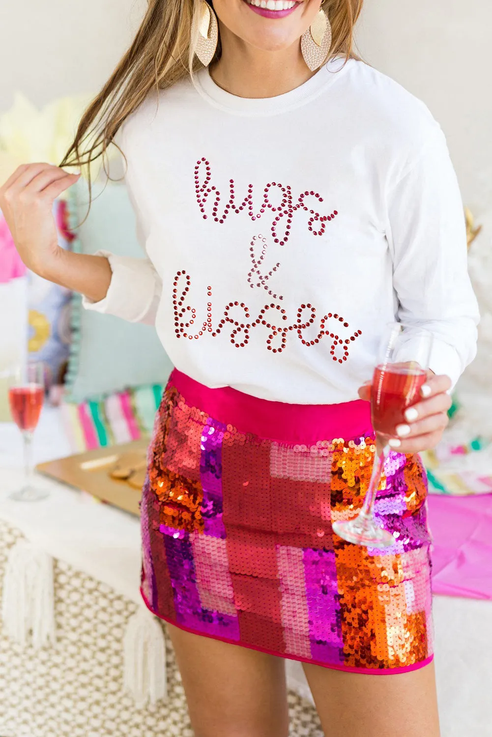 White Hugs & Kisses Rhinestone Graphic Valentine Sweatshirt