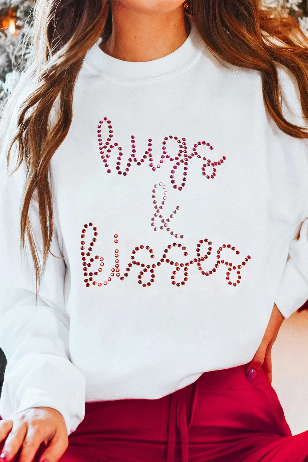 White Hugs & Kisses Rhinestone Graphic Valentine Sweatshirt