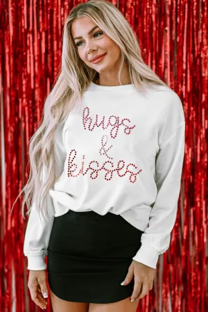 White Hugs & Kisses Rhinestone Graphic Valentine Sweatshirt