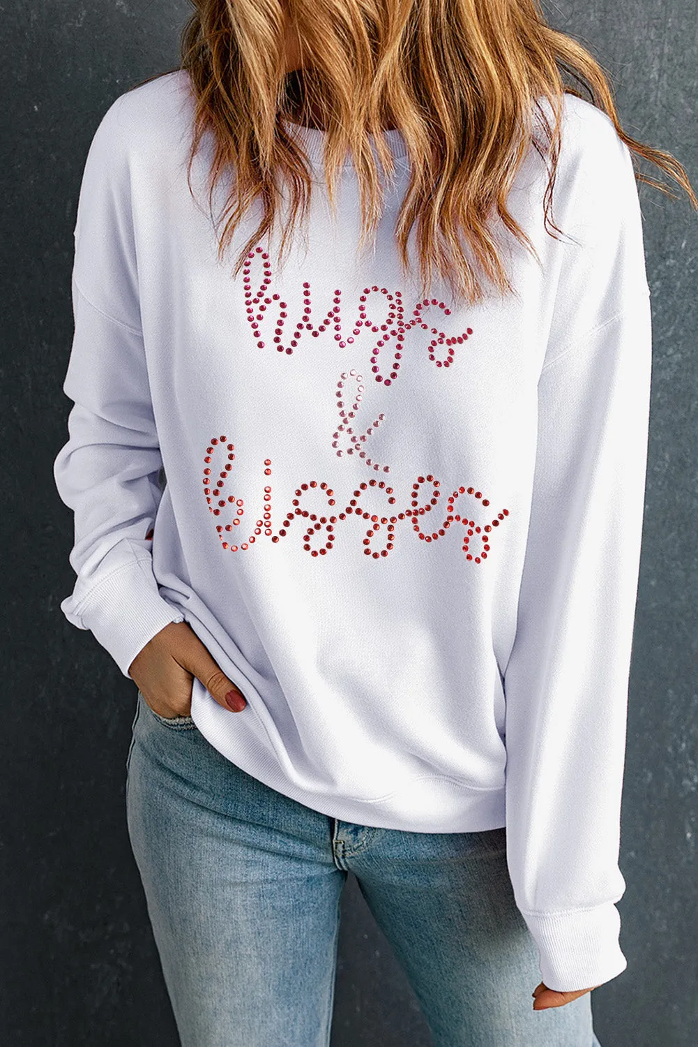 White Hugs & Kisses Rhinestone Graphic Valentine Sweatshirt