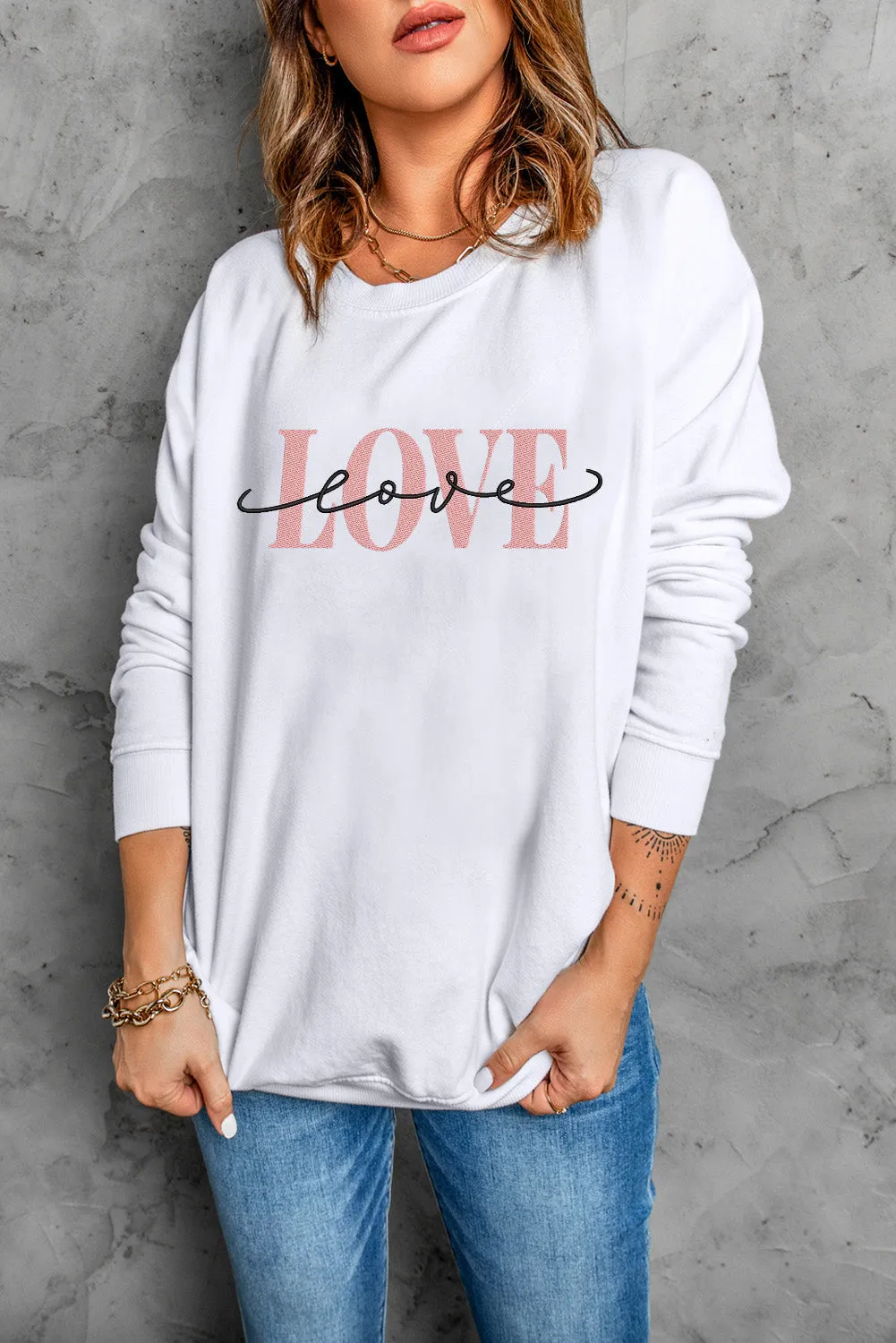 White LOVE Embroidered Crew Neck Drop Shoulder Sweatshirt