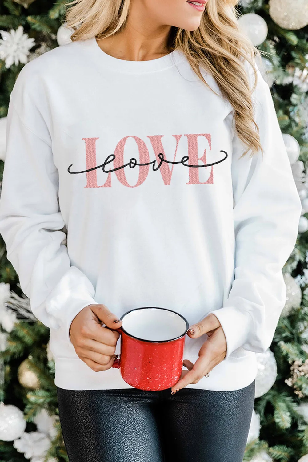 White LOVE Embroidered Crew Neck Drop Shoulder Sweatshirt