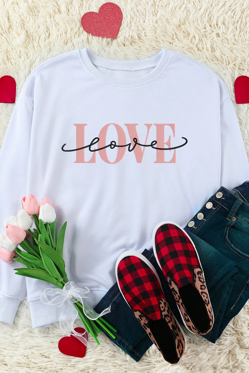 White LOVE Embroidered Crew Neck Drop Shoulder Sweatshirt