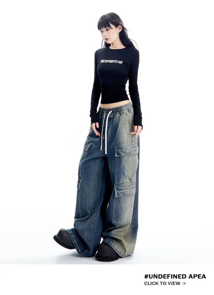 Wide Leg Denim Cargo Pants
