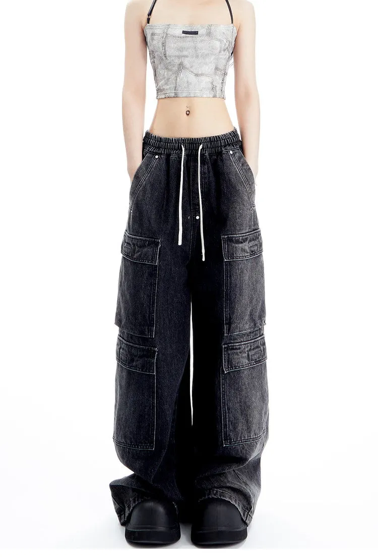 Wide Leg Denim Cargo Pants
