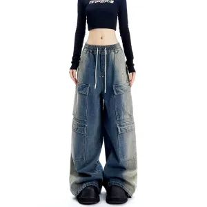 Wide Leg Denim Cargo Pants