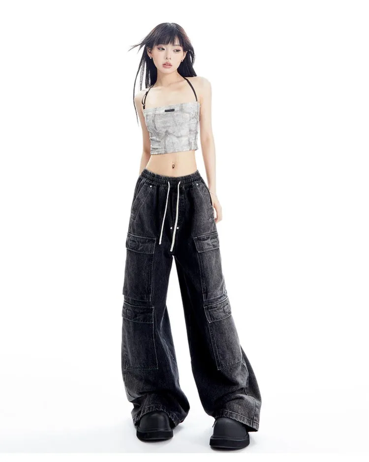 Wide Leg Denim Cargo Pants