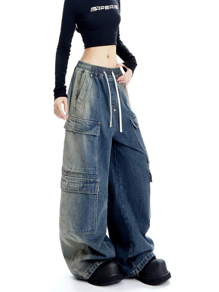 Wide Leg Denim Cargo Pants