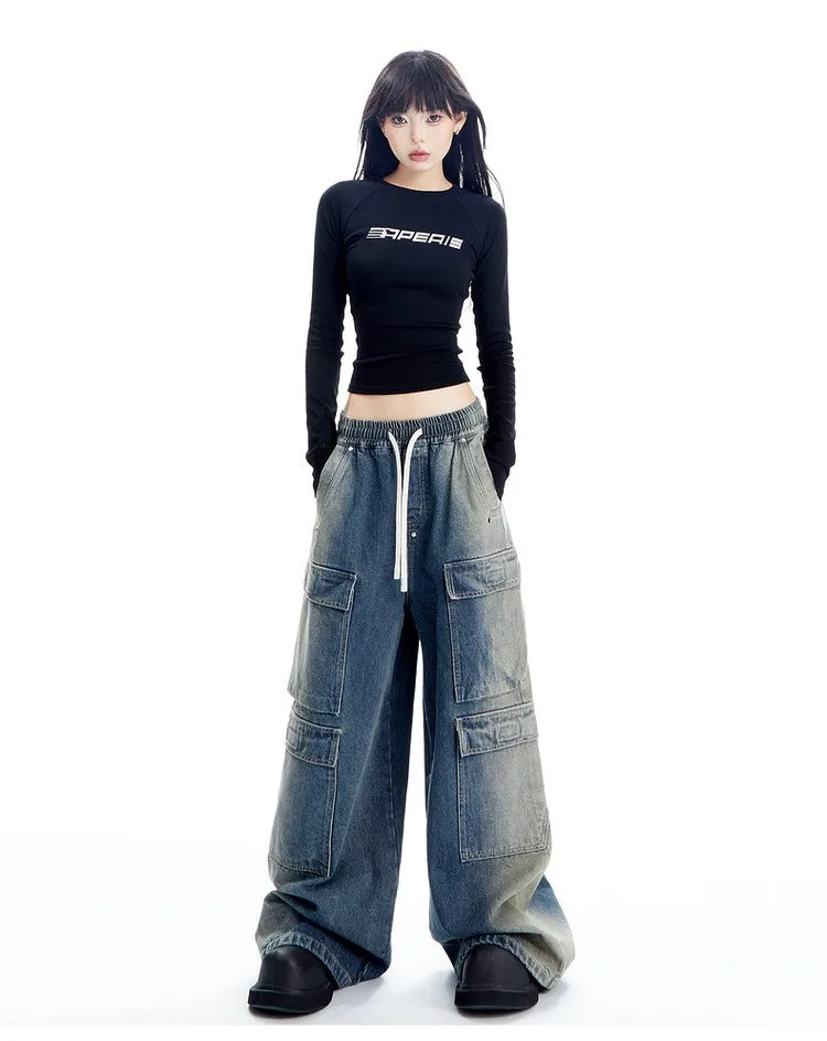 Wide Leg Denim Cargo Pants