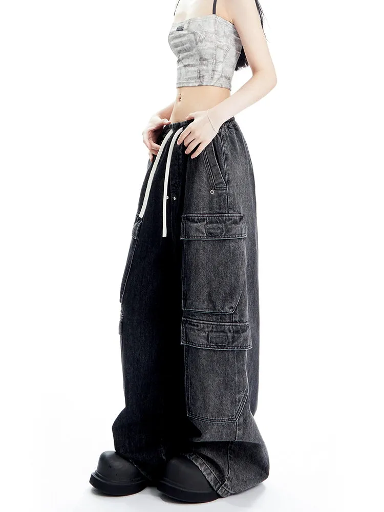 Wide Leg Denim Cargo Pants