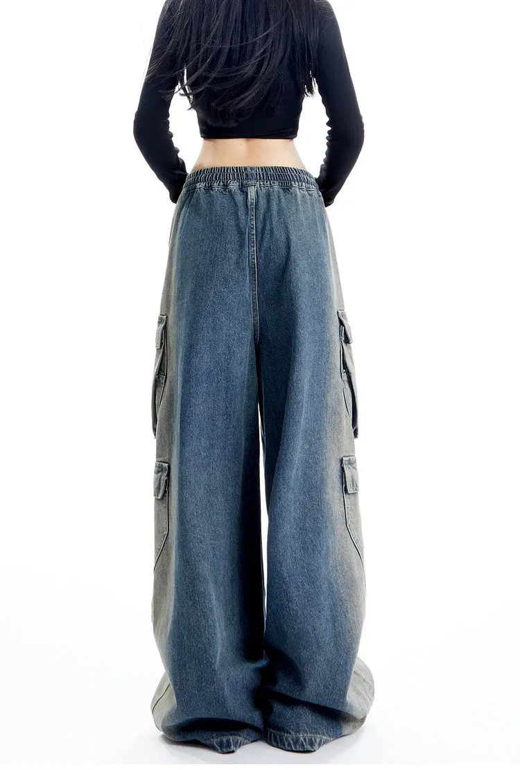 Wide Leg Denim Cargo Pants