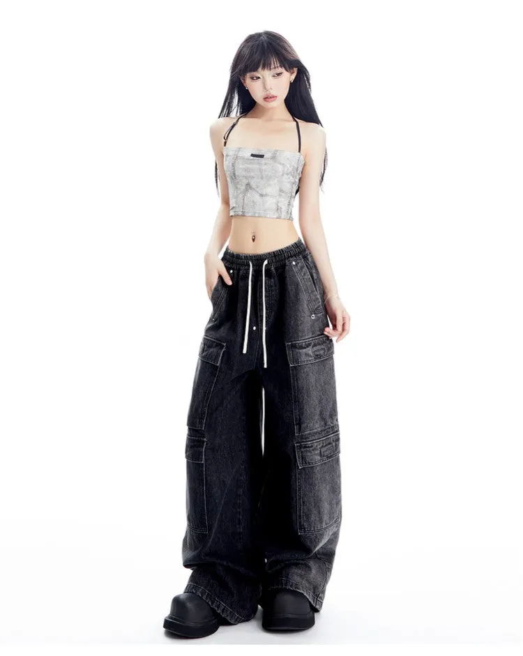 Wide Leg Denim Cargo Pants