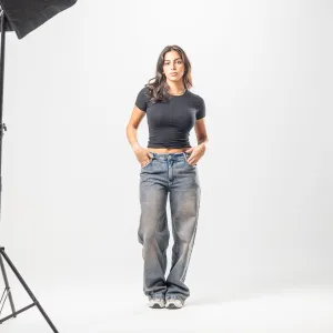 Women Low Rise Baggy Jeans - Stone Wash