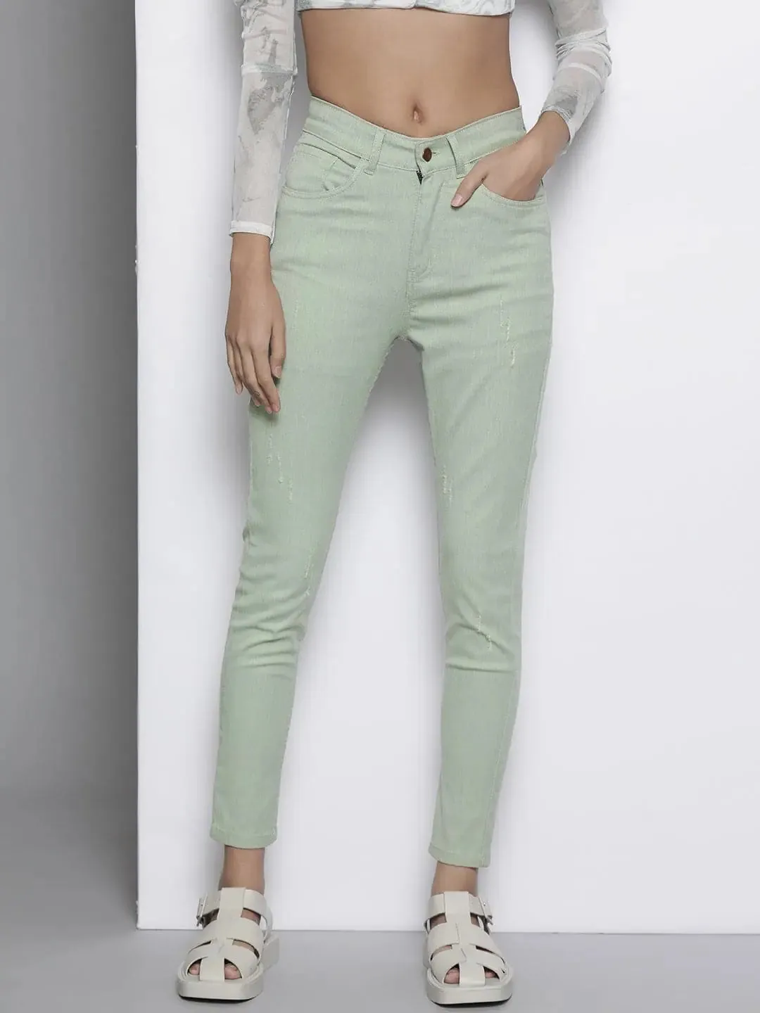Women Safari Green Stretchable Twill Skinny Jeans
