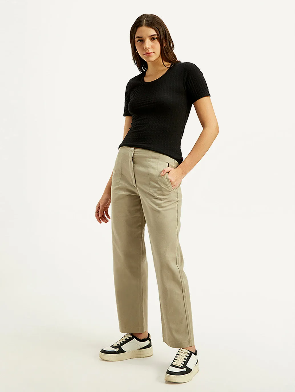 Women's 94 Mid Rise Khaki Baggy Fit Trousers