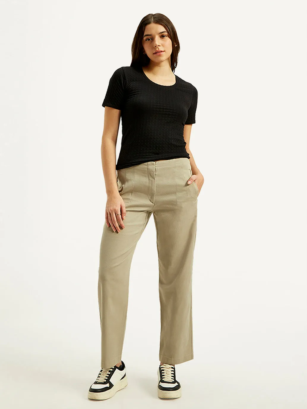 Women's 94 Mid Rise Khaki Baggy Fit Trousers