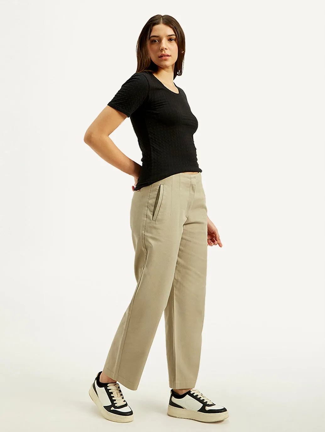 Women's 94 Mid Rise Khaki Baggy Fit Trousers