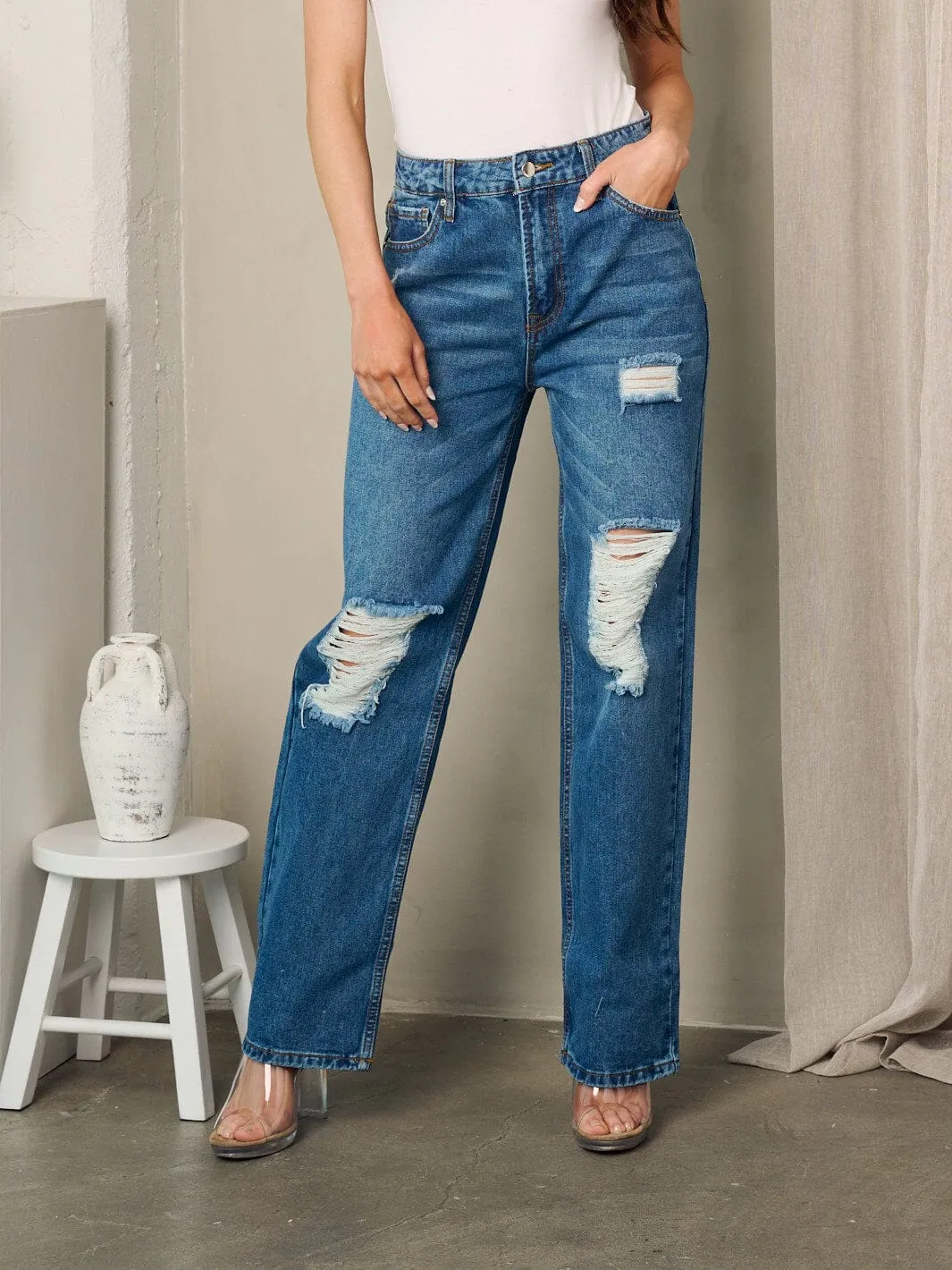 WOMEN'S BUTTON CLOSURE DISTRESSED DENIM JEANS PANTS
