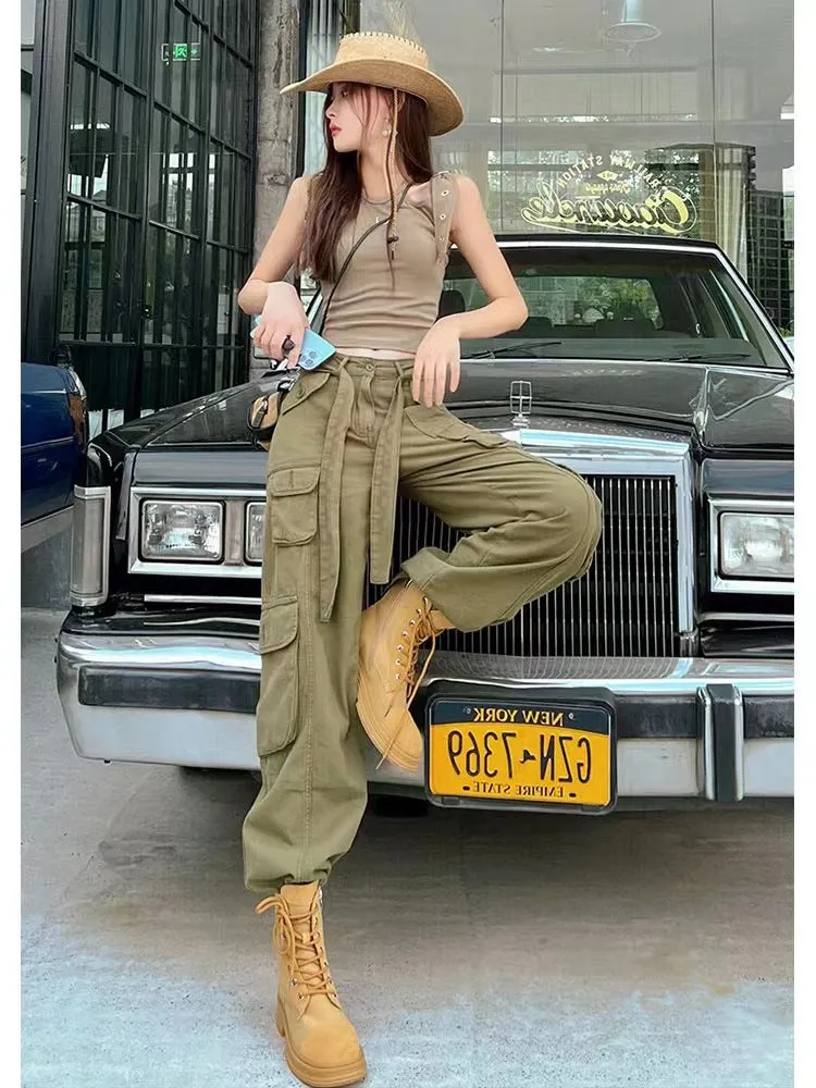 Women’s High Waist Loose Fitting Pants with Cargo Pockets and Tie Waist