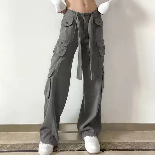 Women’s High Waist Loose Fitting Pants with Cargo Pockets and Tie Waist