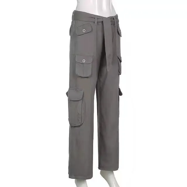 Women’s High Waist Loose Fitting Pants with Cargo Pockets and Tie Waist