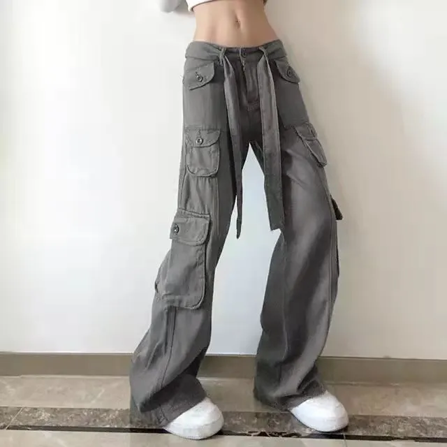 Women’s High Waist Loose Fitting Pants with Cargo Pockets and Tie Waist