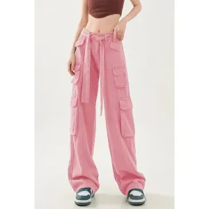 Women’s High Waist Loose Fitting Pants with Cargo Pockets and Tie Waist