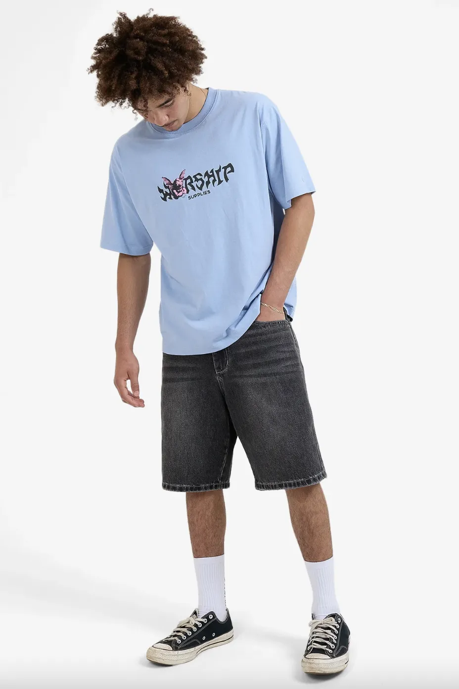 WORSHIP SUPPLIES HORNS TEE - PALE BLUE CERULEAN