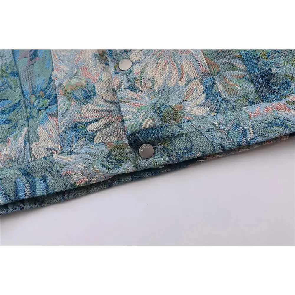 Y2K Denim Floral Jacquard Jacket with Flap Collar