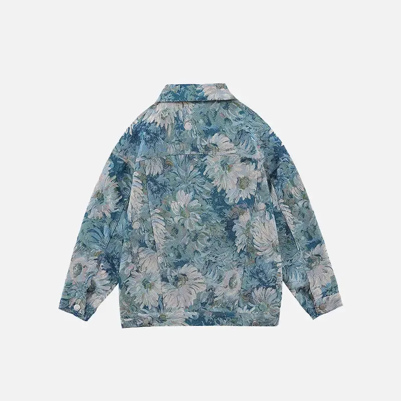 Y2K Denim Floral Jacquard Jacket with Flap Collar