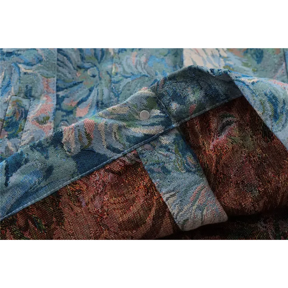 Y2K Denim Floral Jacquard Jacket with Flap Collar