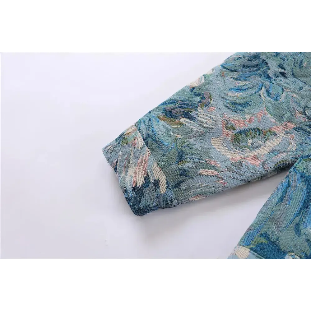 Y2K Denim Floral Jacquard Jacket with Flap Collar