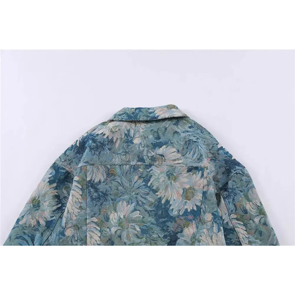 Y2K Denim Floral Jacquard Jacket with Flap Collar