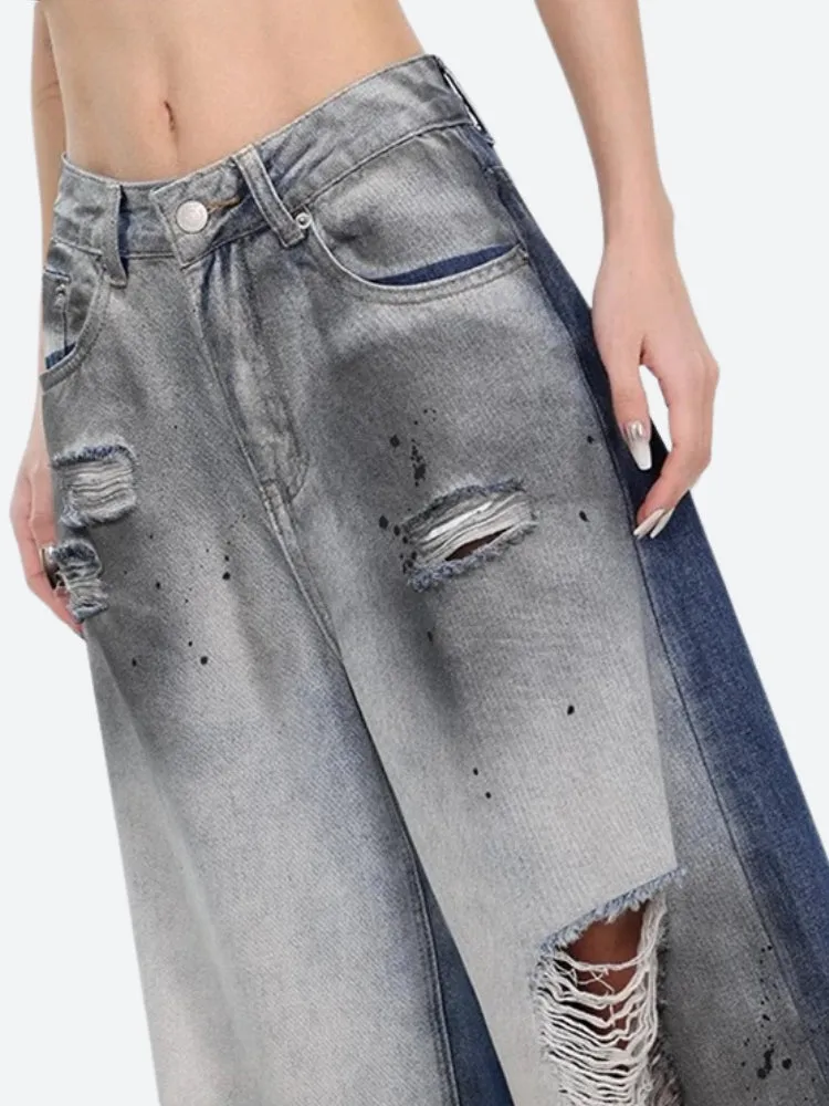 Y2K Ripped Mixed Denim Jeans